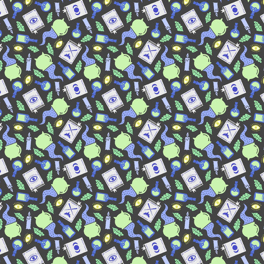 Cotton quilting fabric pattern called 'Potion Making'. Part of the 'School of Magic' fabric collection. Designed by Carys Mula for fabric company Cotton and Steel. SKU: CM103-EN1P. 44-45 inch width.