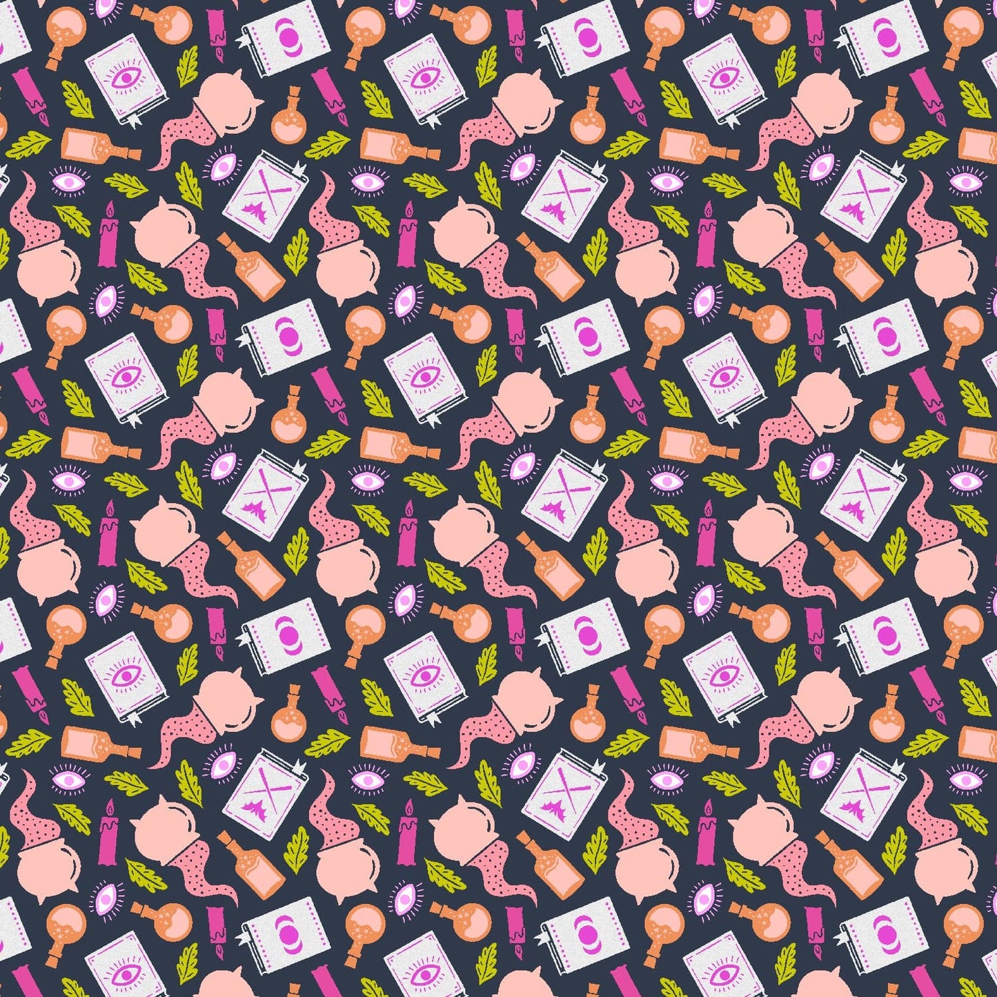 Cotton quilting fabric pattern called 'Potion Making'. Part of the 'School of Magic' fabric collection. Designed by Carys Mula for fabric company Cotton and Steel. SKU: CM103-SU3P. 44-45 inch width.
