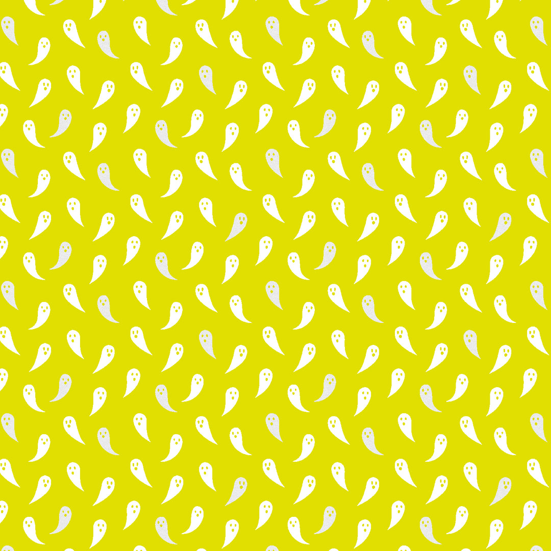 Cotton quilting fabric pattern called 'Boo...I'm a Ghost'. Part of the 'School of Magic' fabric collection. Designed by Carys Mula for fabric company Cotton and Steel. SKU: CM104-GT1P. 44-45 inch width.