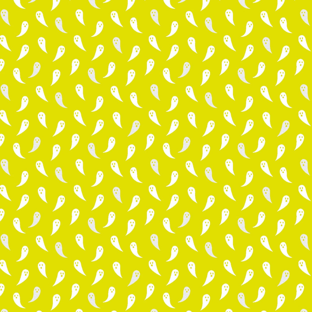 Cotton quilting fabric pattern called 'Boo...I'm a Ghost'. Part of the 'School of Magic' fabric collection. Designed by Carys Mula for fabric company Cotton and Steel. SKU: CM104-GT1P. 44-45 inch width.