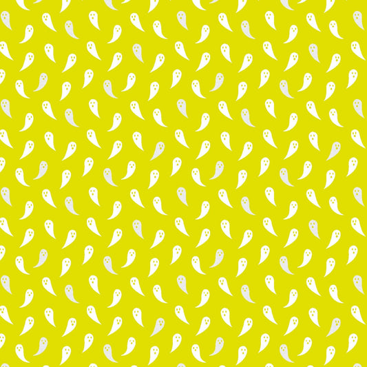 Cotton quilting fabric pattern called 'Boo...I'm a Ghost'. Part of the 'School of Magic' fabric collection. Designed by Carys Mula for fabric company Cotton and Steel. SKU: CM104-GT1P. 44-45 inch width.