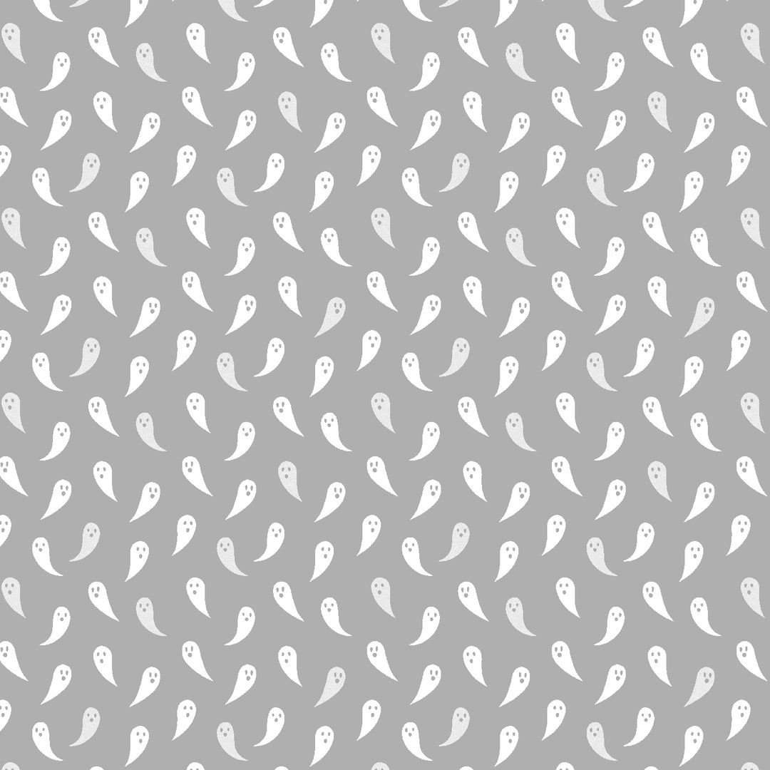 Cotton quilting fabric pattern called 'Boo...I'm a Ghost'. Part of the 'School of Magic' fabric collection. Designed by Carys Mula for fabric company Cotton and Steel. SKU: CM104-PA3P. 44-45 inch width.