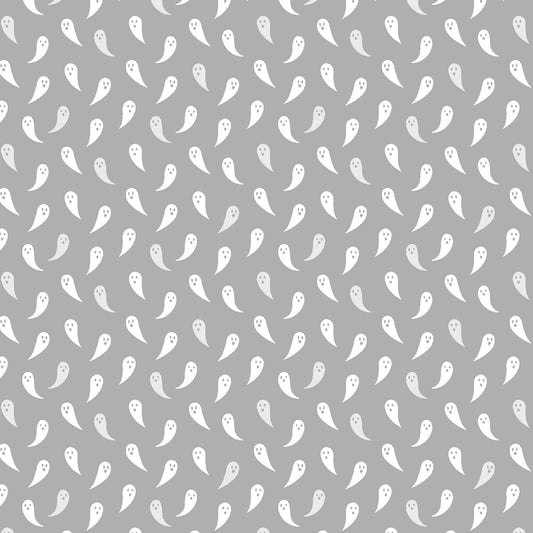 Cotton quilting fabric pattern called 'Boo...I'm a Ghost'. Part of the 'School of Magic' fabric collection. Designed by Carys Mula for fabric company Cotton and Steel. SKU: CM104-PA3P. 44-45 inch width.