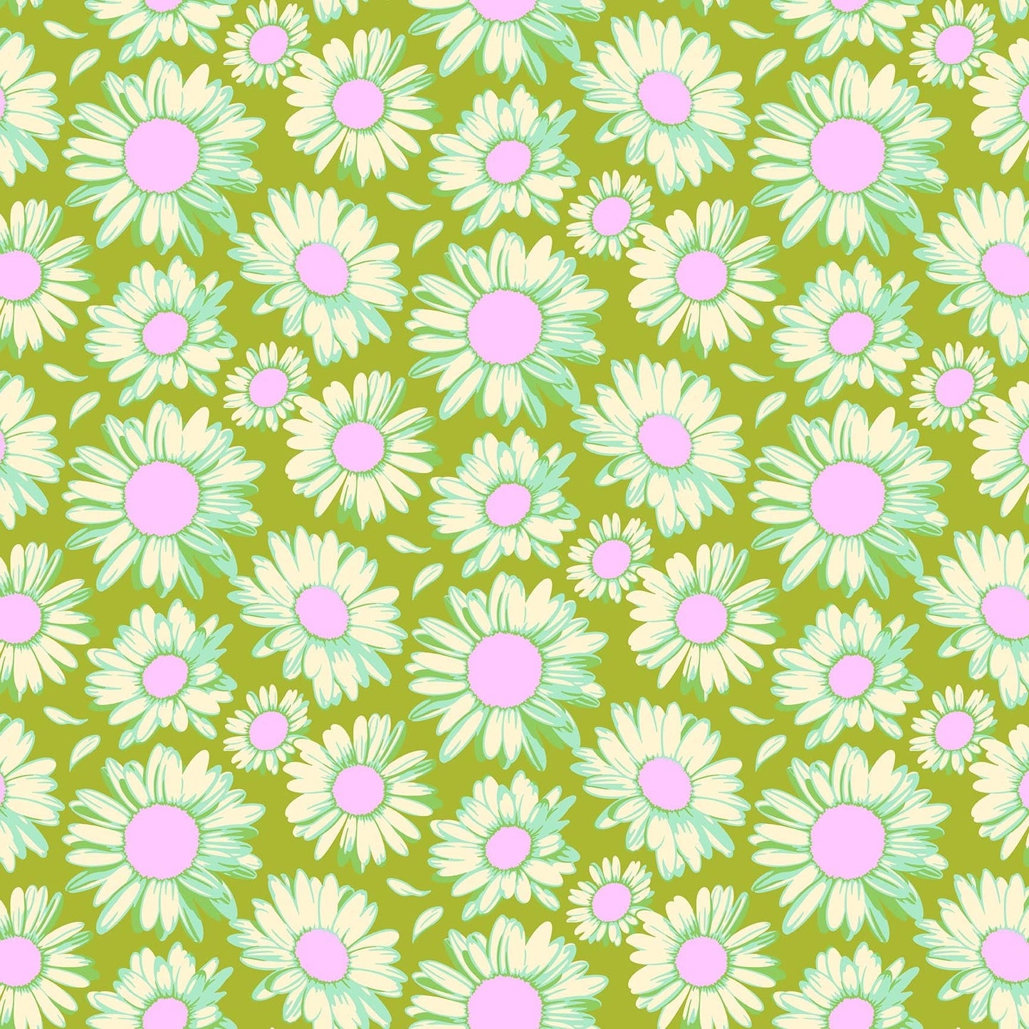 Sunshine Daises in Olive quilting fabric, part of the Daisy Crush fabric collection by Heather Bailey (SKU: 91281-73)