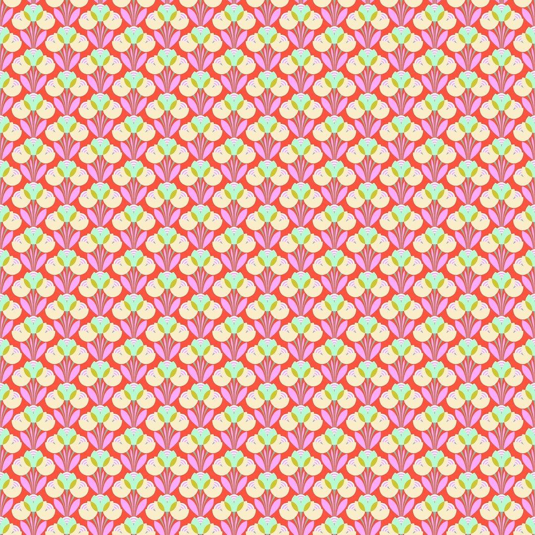 Best Buds in Clementine quilting fabric, part of the Daisy Crush fabric collection by Heather Bailey (SKU: 91282-56)