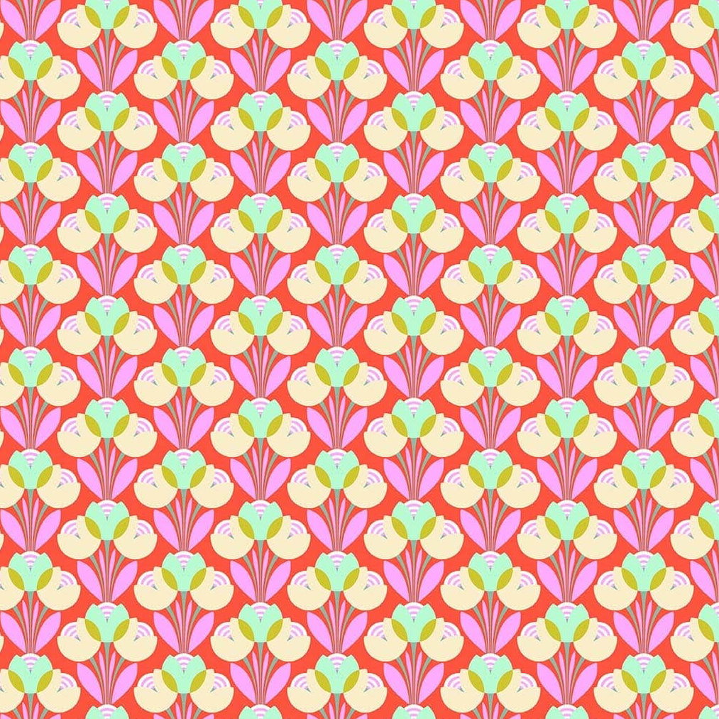 Best Buds in Clementine quilting fabric, part of the Daisy Crush fabric collection by Heather Bailey (SKU: 91282-56)