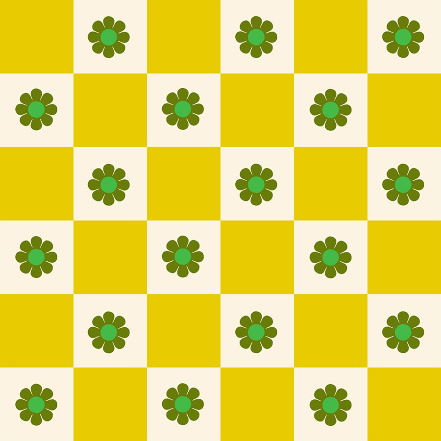 Yellow checkerboard cotton quilting fabric with green flowers from Daisy Days by Ruby Star Society's Alexia Abegg. Features mustard yellow and cream squares, each with a stylized olive green flower.
