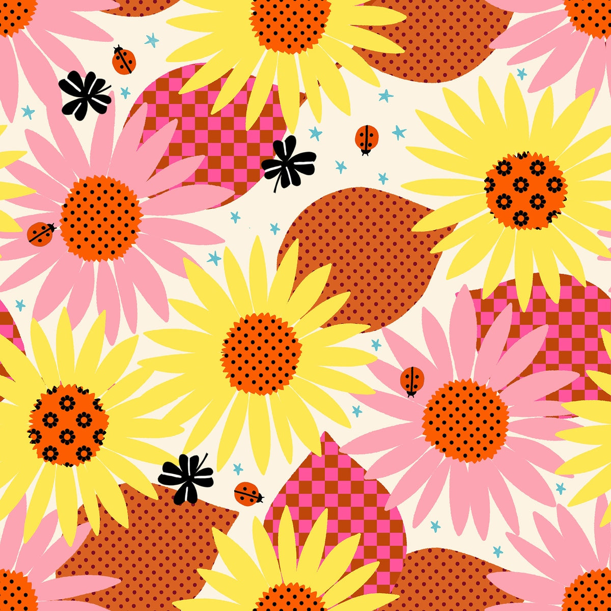Daisy Days by Ruby Star Society's Alexia Abegg cotton quilting fabric with pink and yellow flowers, ladybugs, leaves, clovers, stars on a natural cream background.