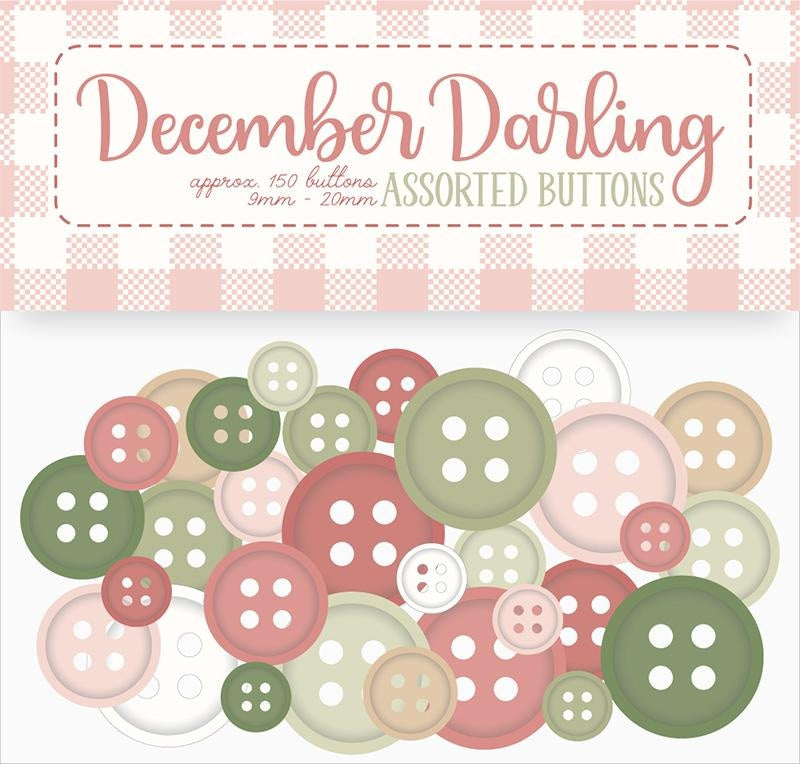 Moda's December Darling by Briggs, Heather novelty quilting fabric with assorted dusty rose, sage, and white buttons on pink gingham for winter holiday.