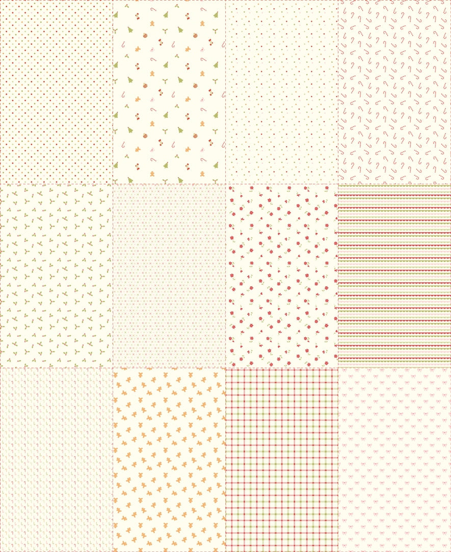 December Darling by My Sew Quilty Life Christmas novelty quilt panel cotton quilting fabric featuring gingerbread men, trees, holly, dots, and stripes on cream.