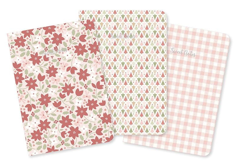 Christmas poinsettias, stylized trees, and pink gingham quilting fabric. December Darling by Briggs, Heather, with flowers, leaves, and berries.