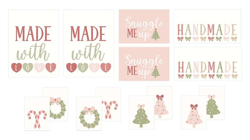 December Darling by Briggs, Heather quilting fabric. Christmas crafting labels with text, Christmas trees, hearts, and candy canes on cream and rose.
