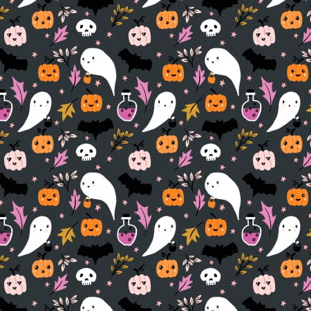 Cotton quilting fabric pattern called 'Ghostly Greetings to You'. Part of the 'By the Glow of the Moon' fabric collection. Designed by Dominika Godette for fabric company Cotton + Steel. SKU: DG102-MO1. 44-45 inch width.