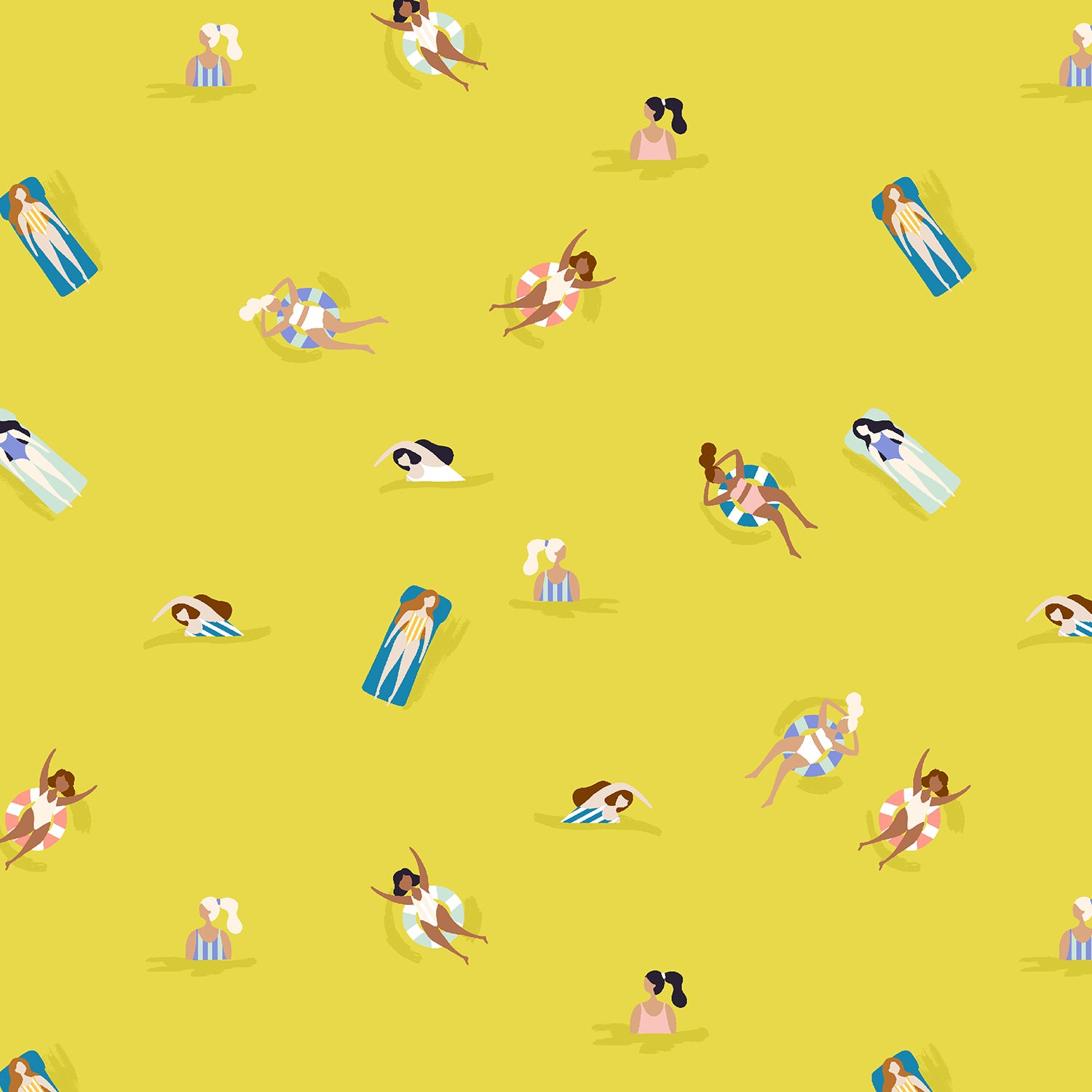 Pattern of people sunbathing on a yellow background