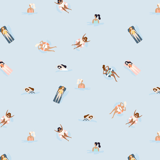 Repeating pattern of people lounging on towels and in the water on a light blue background