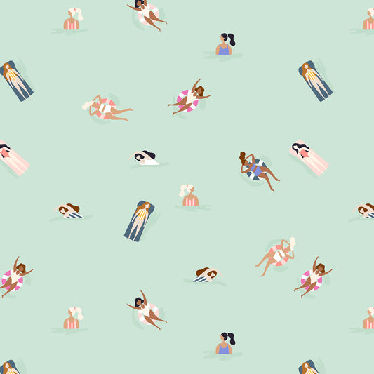 Pattern of illustrated people lounging on towels and chairs on a light blue background