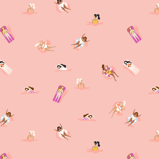 Pattern of people sunbathing on a pink background