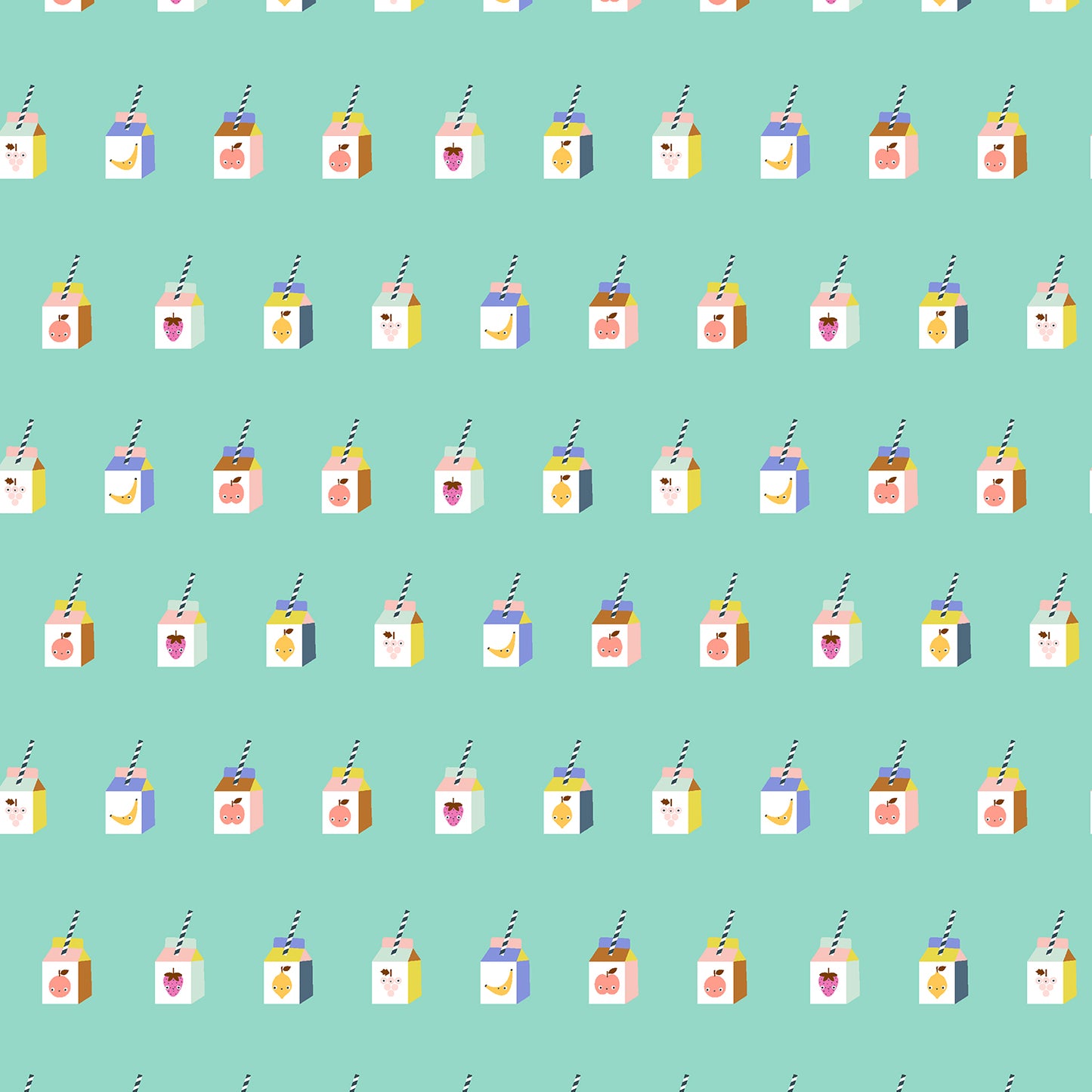 Pattern of cartoon juice boxes with straws on a teal background