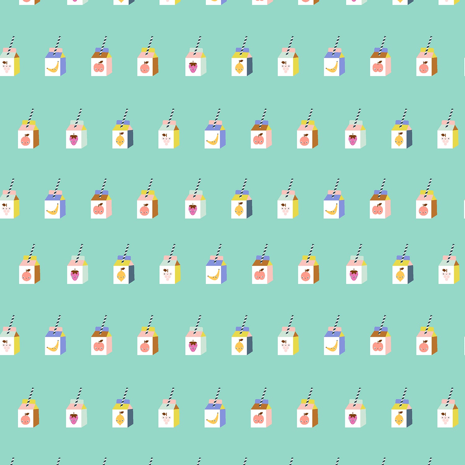 Pattern of cartoon juice boxes with straws on a teal background