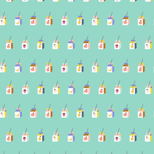 Pattern of cartoon juice boxes with straws on a teal background