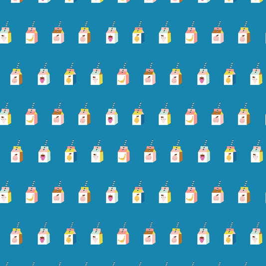 Pattern of cartoon juice boxes on a blue background