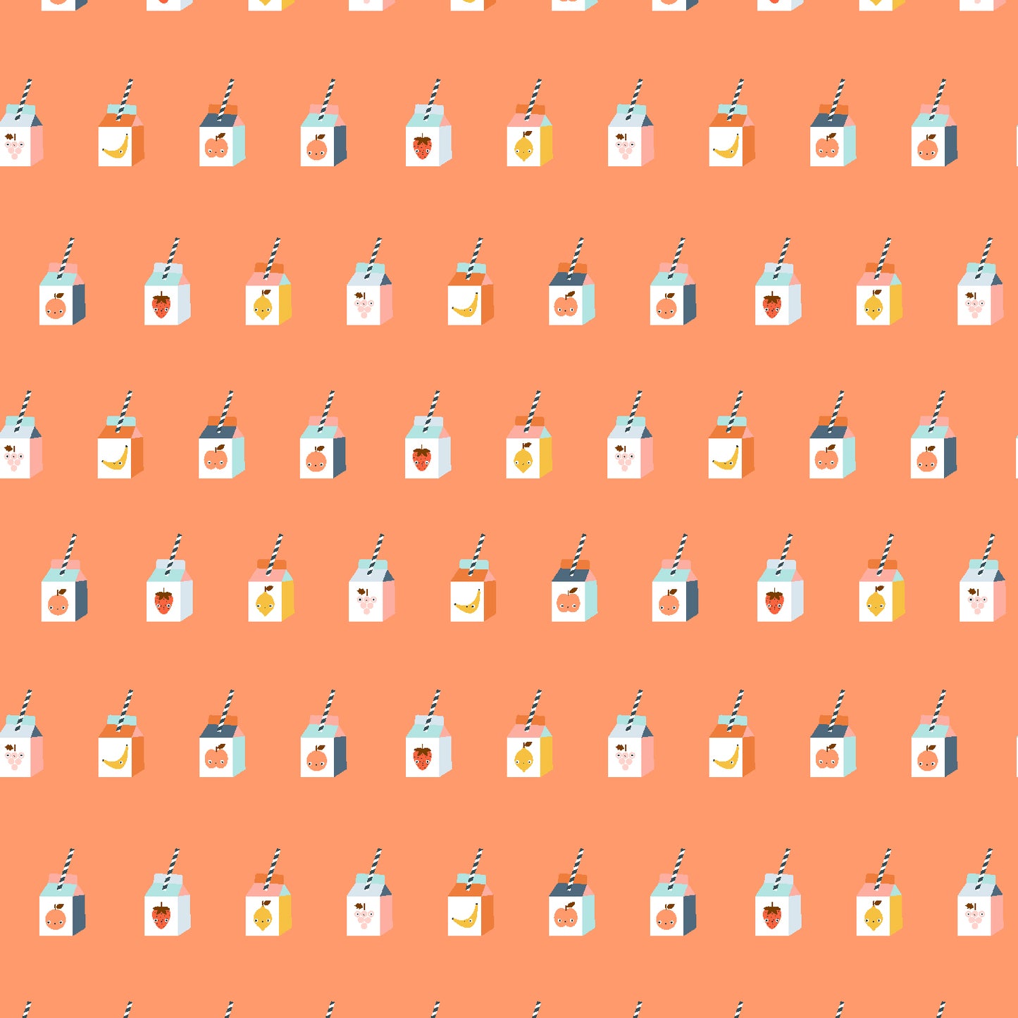 Pattern of cartoon juice boxes with straws on a peach background
