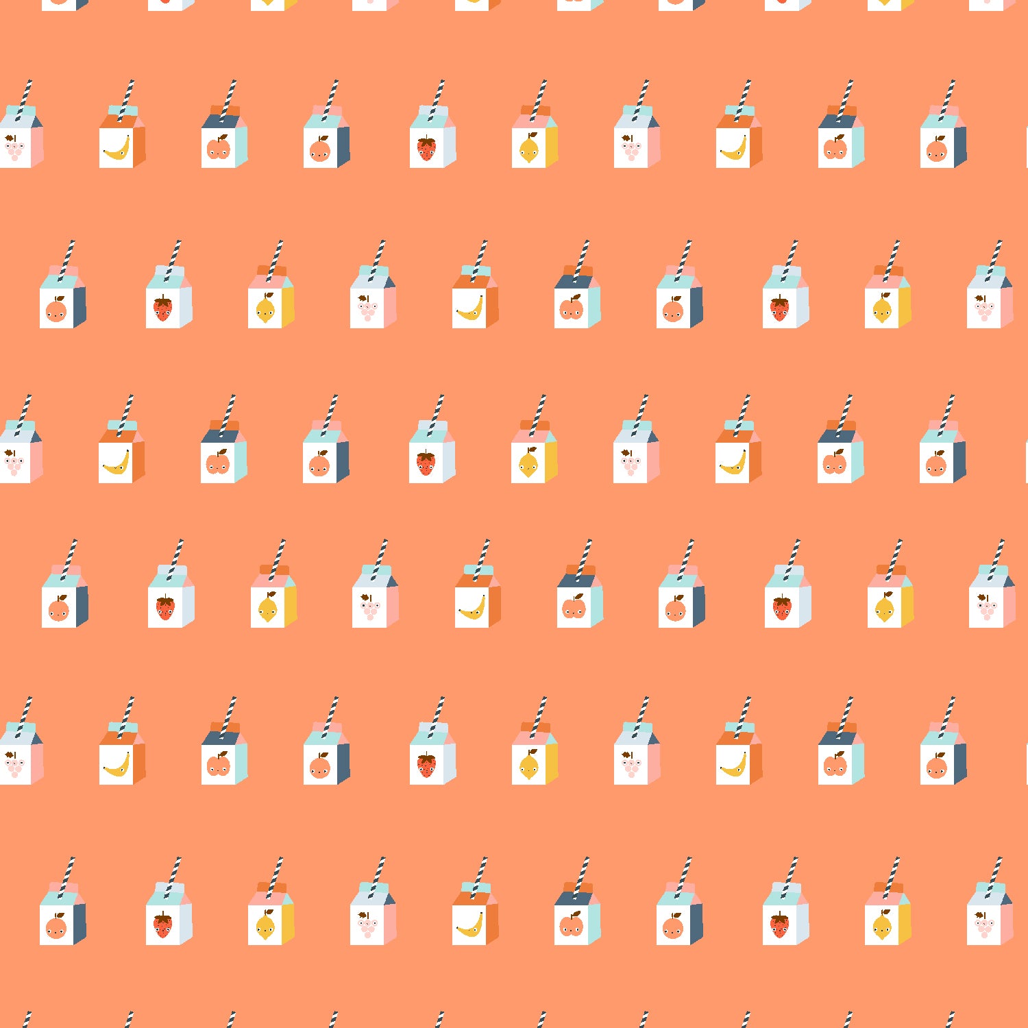 Pattern of cartoon juice boxes with straws on a peach background