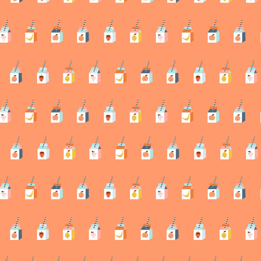 Pattern of cartoon juice boxes with straws on a peach background