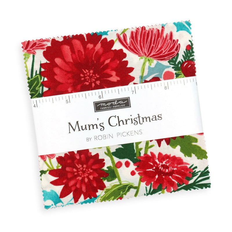 Moda's Mums Christmas Charm Pack by Robin Pickens. 42 pre-cut 5-inch by 5-inch squares of cotton quilting fabric. SKU 48820PP