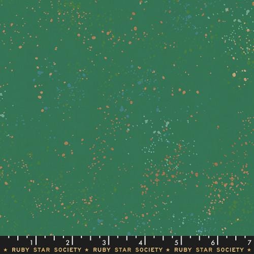 Cotton quilting fabric pattern called 'Emerald Green'. Part of the 'Speckled Metallic' fabric collection. Designed by Ruby Star Society for fabric company Moda Fabrics. SKU: RS5027 74M. 44-45 inch width.