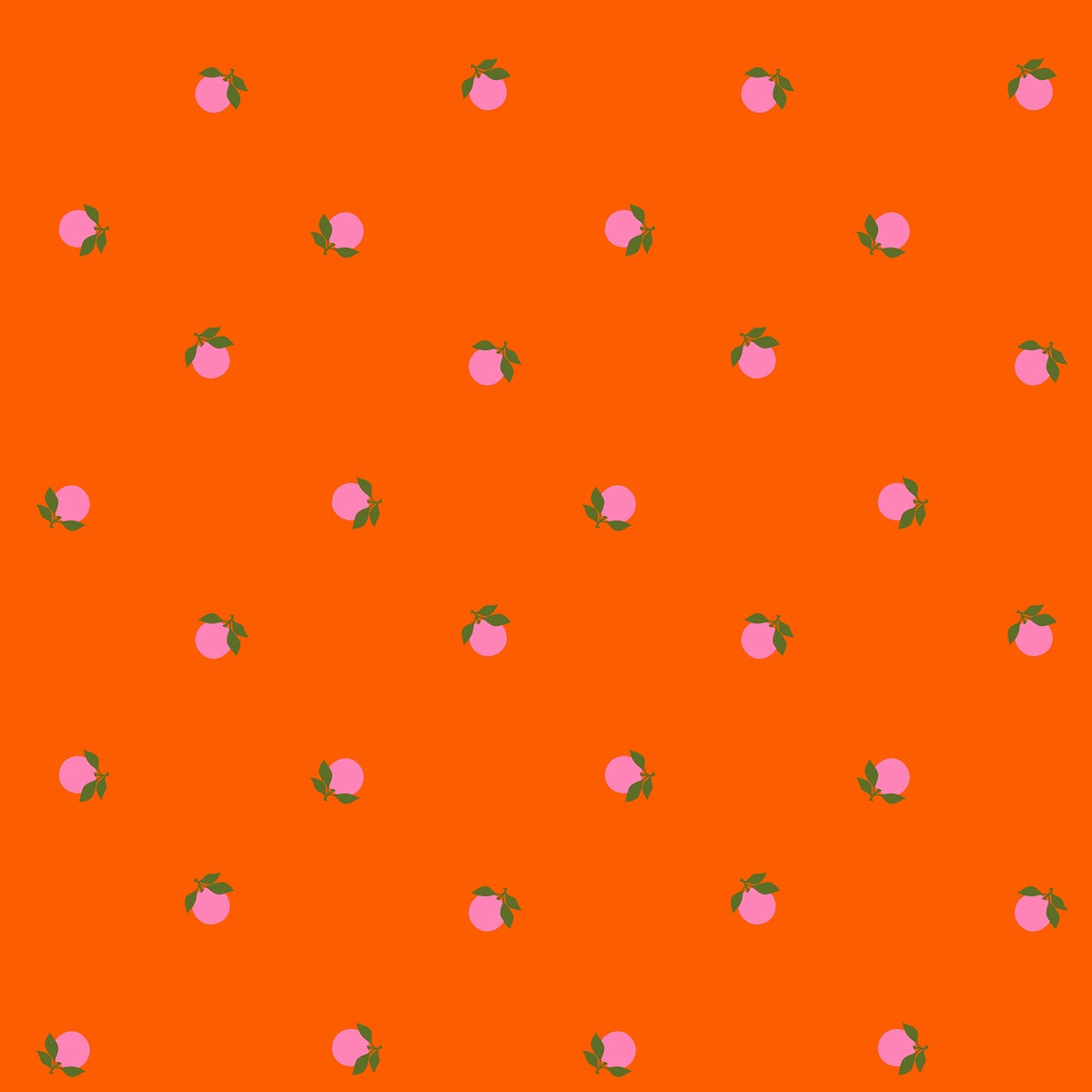 Pink peaches with dark green leaves on Florida orange Sparkle Shopper by Ruby Star Society's Melody Miller tropical cotton quilting fabric.