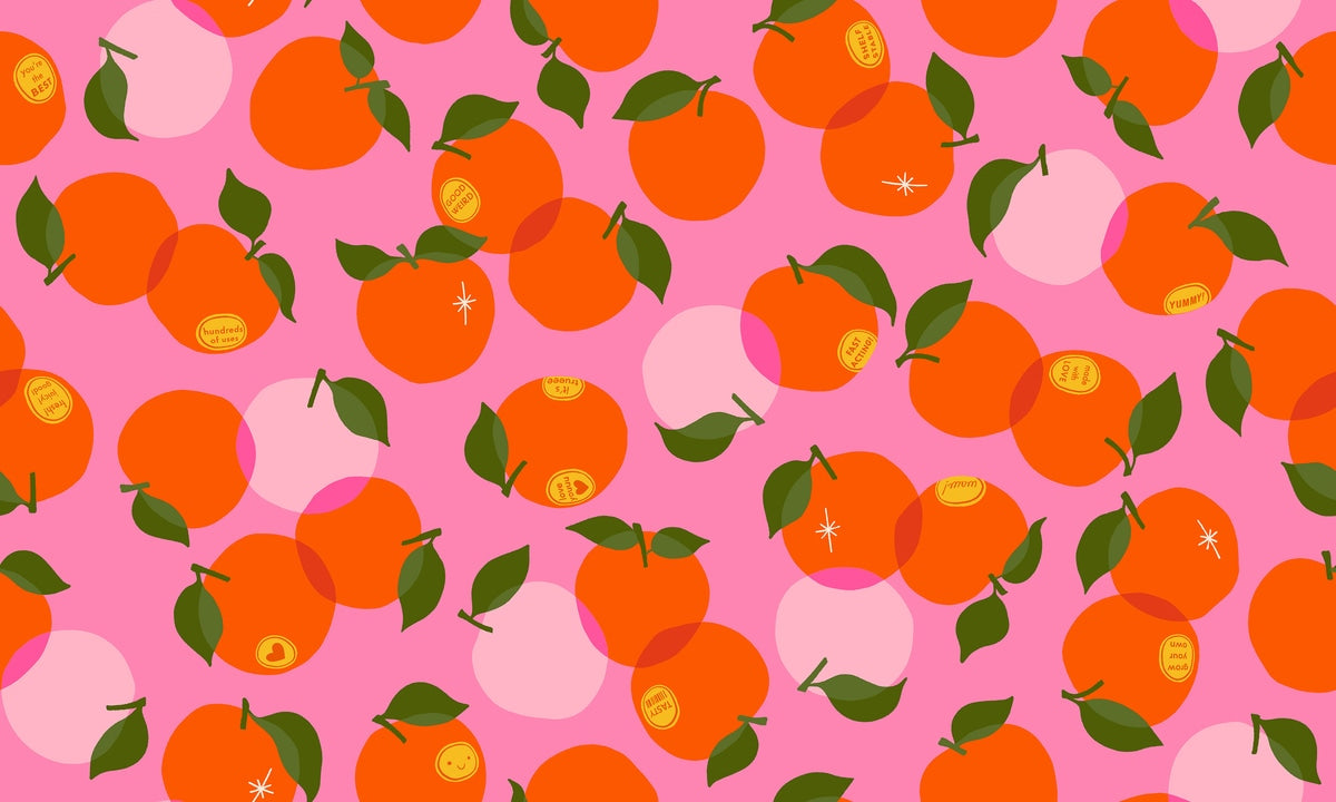 Moda's bright pink oranges and dark green leaves with yellow labels on fuchsia cotton quilting fabric Sparkle Shopper by Ruby Star Society's Melody Miller