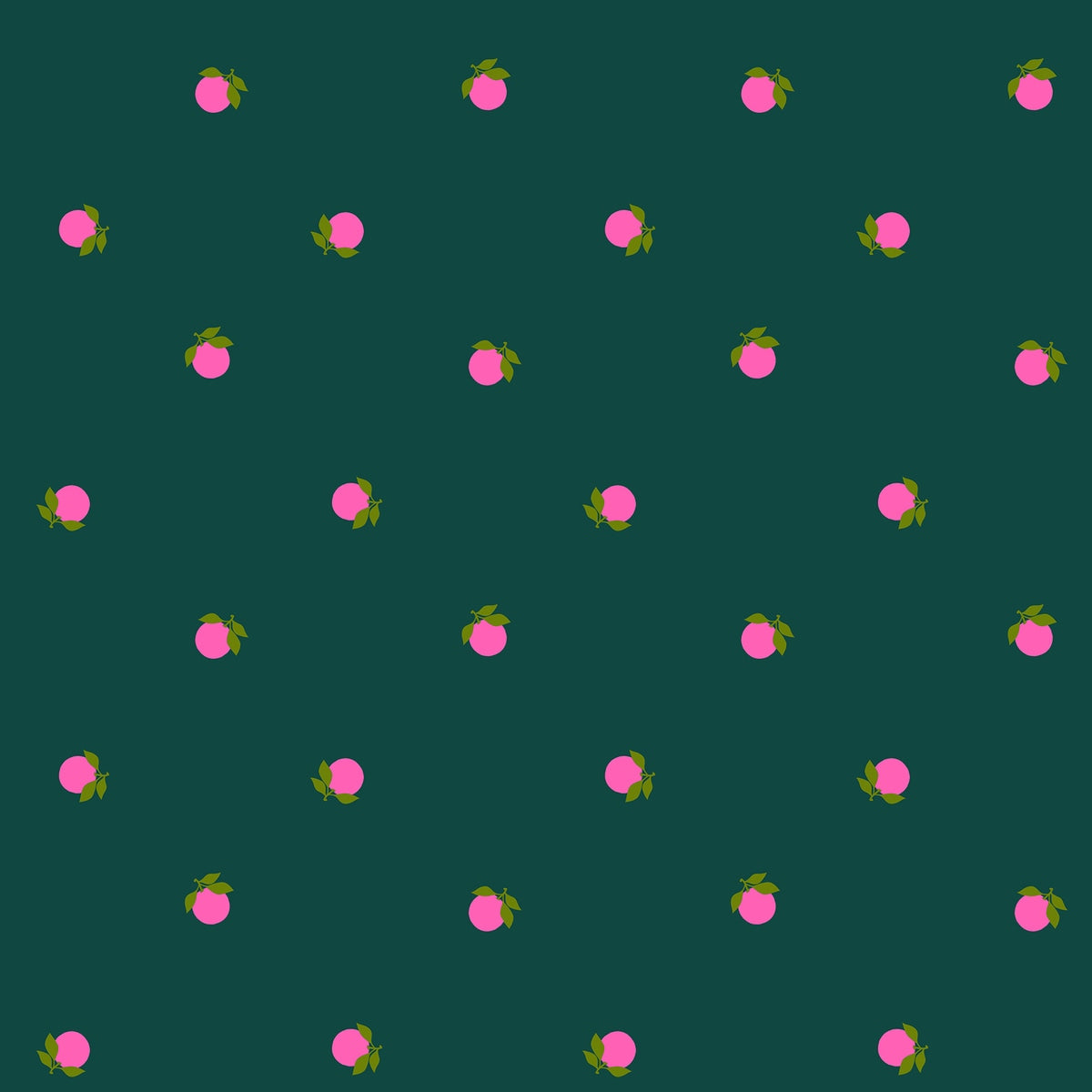 Moda's stylized fuchsia pink peaches with olive green leaves on pine green Sparkle Shopper by Ruby Star Society's Melody Miller cotton quilting fabric.