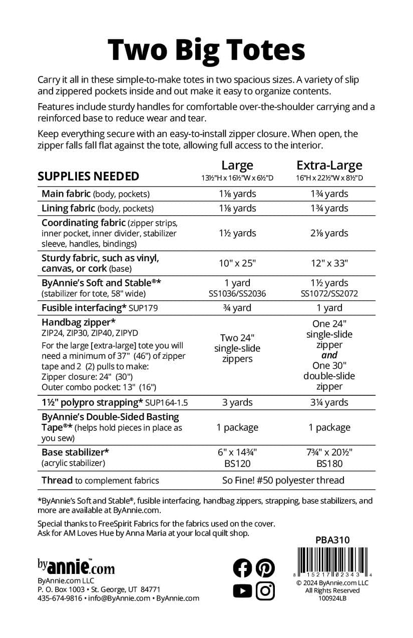 Two Big Totes Pattern - Pattern by By Annie - Paper Pattern - PBA310