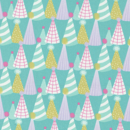 Cotton quilting fabric pattern called 'Paper Hats in Pool Party'. Part of the 'Soiree' fabric collection. Designed by Mara Penny for fabric company Moda Fabrics. SKU: 13375 21. 44-45 inch width.