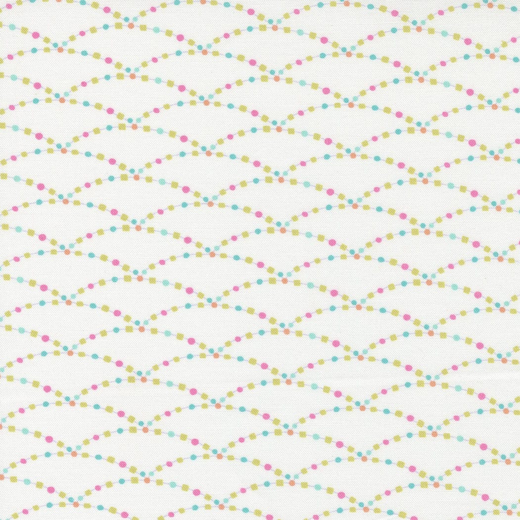 Cotton quilting fabric pattern called 'Bitty Swag in Vanilla'. Part of the 'Soiree' fabric collection. Designed by Mara Penny for fabric company Moda Fabrics. SKU: 13376 11. 44-45 inch width.