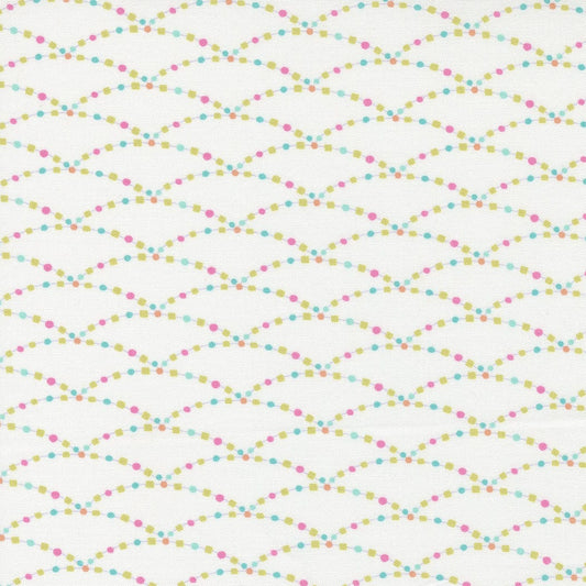 Cotton quilting fabric pattern called 'Bitty Swag in Vanilla'. Part of the 'Soiree' fabric collection. Designed by Mara Penny for fabric company Moda Fabrics. SKU: 13376 11. 44-45 inch width.