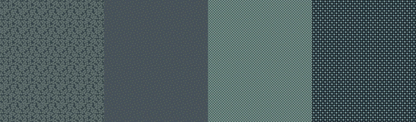 Cotton quilting fabric pattern called 'Lollies in Spruce'. Part of the 'Greenstone' fabric collection. Designed by Jen Kingwell for fabric company Moda Fabrics. SKU: 18229 11. 44-45 inch width.