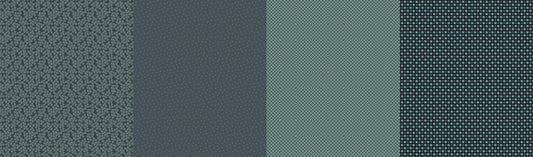 Cotton quilting fabric pattern called 'Lollies in Spruce'. Part of the 'Greenstone' fabric collection. Designed by Jen Kingwell for fabric company Moda Fabrics. SKU: 18229 11. 44-45 inch width.