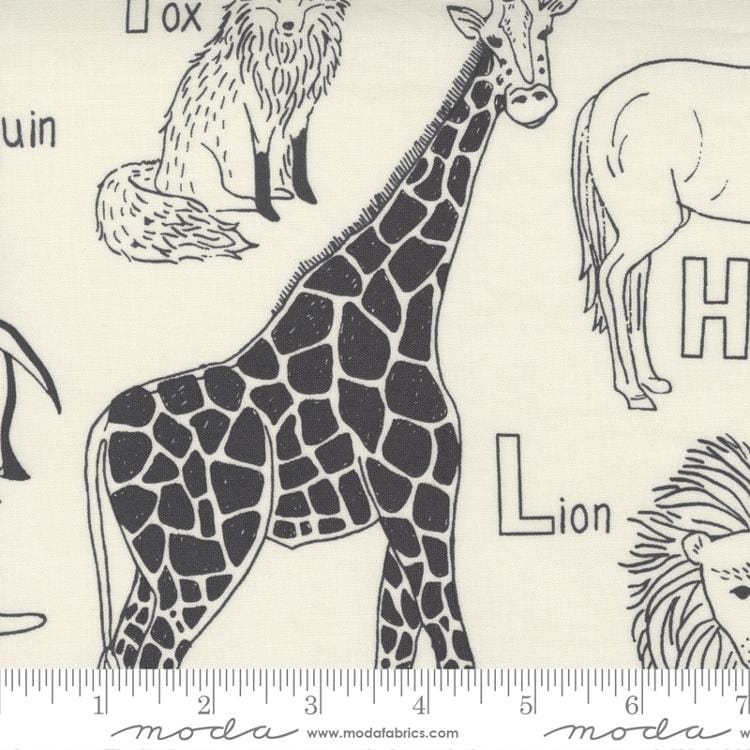 Cotton quilting fabric pattern called 'Animal Kingdom in Cream'. Part of the 'ABC...xyz' fabric collection. Designed by Stacey Iest Hsu for fabric company Moda Fabrics. SKU: 20812 11. 44-45 inch width.