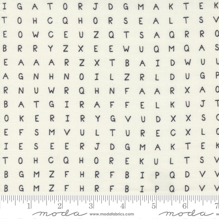 Cotton quilting fabric pattern called 'Word Search in Cream'. Part of the 'ABC...xyz' fabric collection. Designed by Stacey Iest Hsu for fabric company Moda Fabrics. SKU: 20818 11. 44-45 inch width.