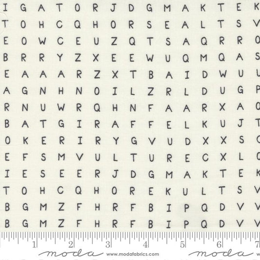 Cotton quilting fabric pattern called 'Word Search in Cream'. Part of the 'ABC...xyz' fabric collection. Designed by Stacey Iest Hsu for fabric company Moda Fabrics. SKU: 20818 11. 44-45 inch width.
