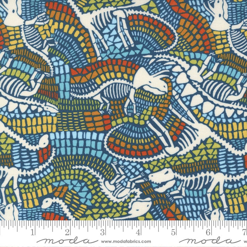 Cotton quilting fabric pattern called 'Fossil in Teal'. Part of the 'Stomp Stomp Roar' fabric collection. Designed by Stacey Iest Hsu for fabric company Moda Fabrics. SKU: 20822 16. 44-45 inch width.