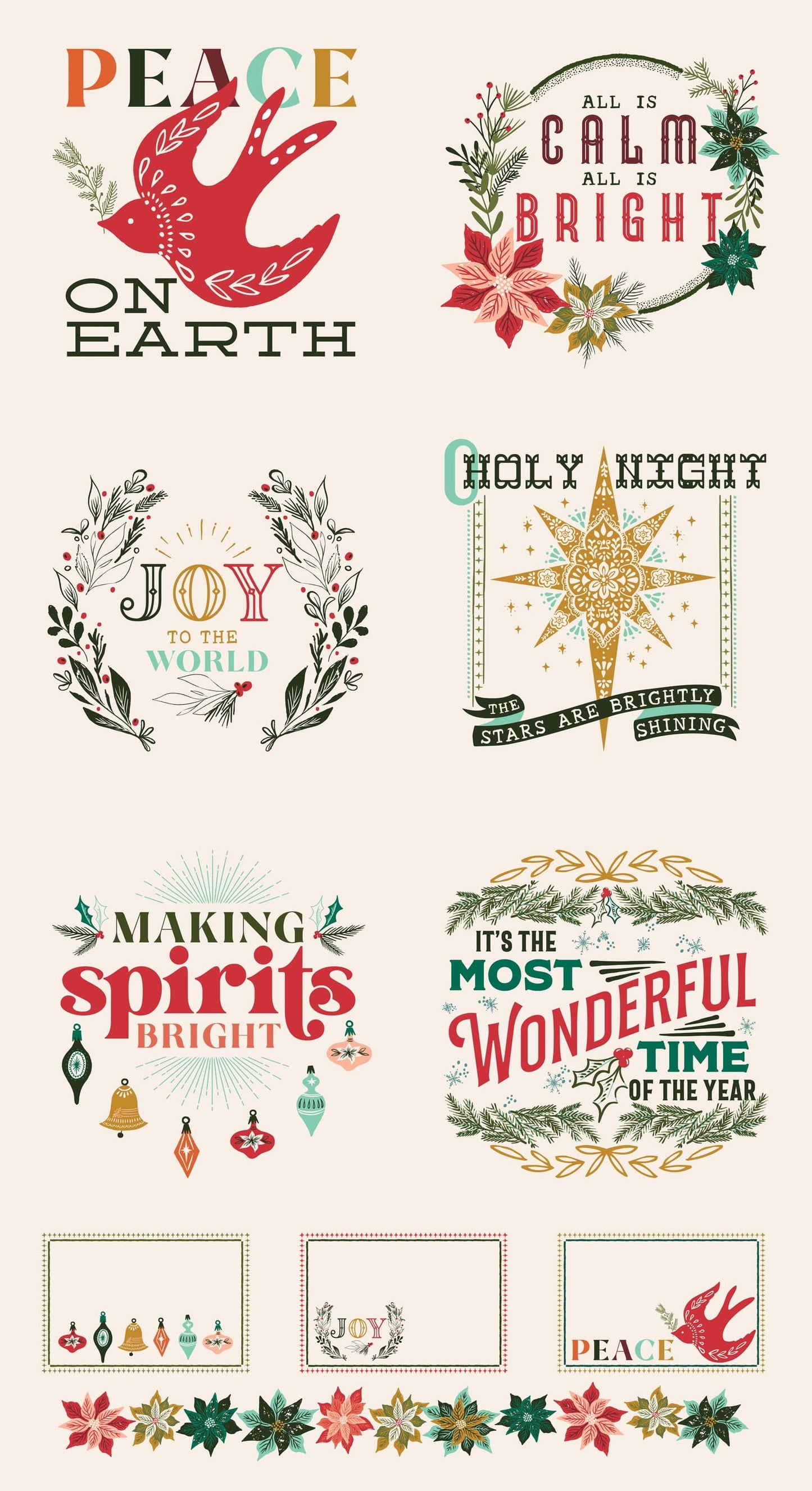 Cotton quilting fabric pattern called 'Christmas Songs Panel 24" x 44"'. Part of the 'Cheer & Merriment' fabric collection. Designed by Fancy That Design House for fabric company Moda Fabrics. SKU: 45530 11. 44-45 inch width.