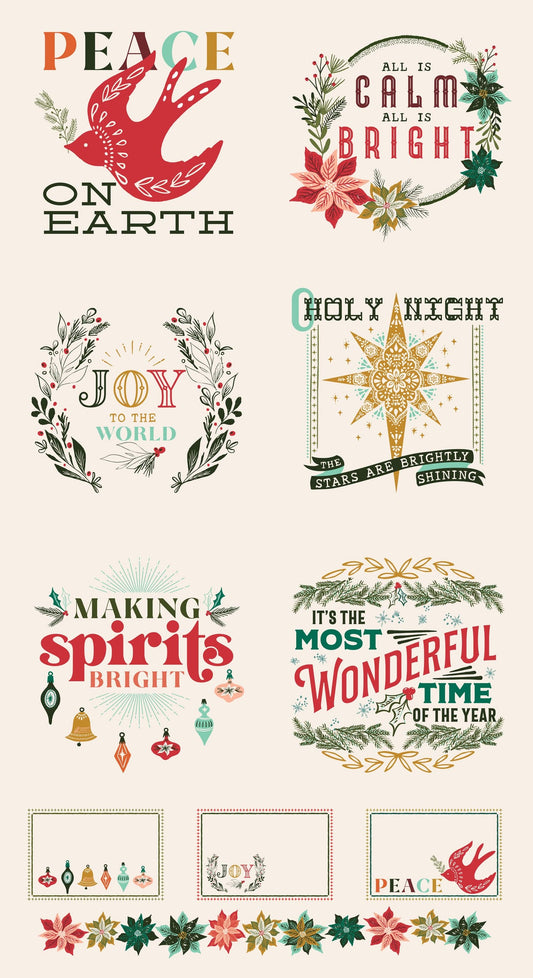 Cotton quilting fabric pattern called 'Christmas Songs Panel 24" x 44"'. Part of the 'Cheer & Merriment' fabric collection. Designed by Fancy That Design House for fabric company Moda Fabrics. SKU: 45530 11. 44-45 inch width.