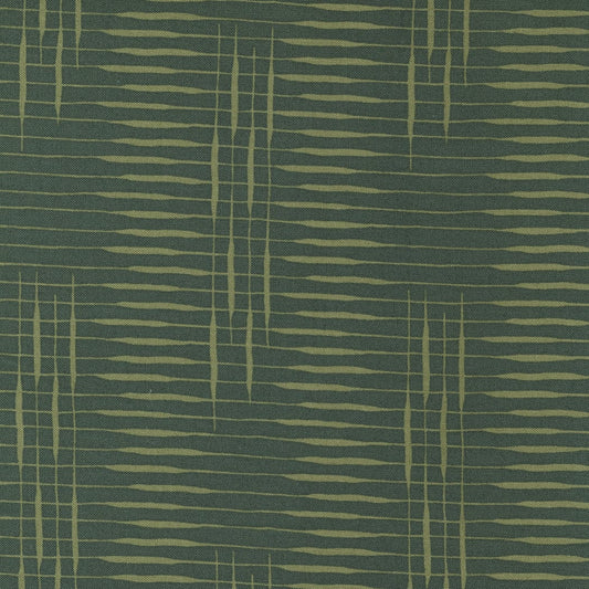 Cotton quilting fabric pattern called 'Cattail Crossing in Pine'. Part of the 'Slow Stroll' fabric collection. Designed by Fancy That Design House & Co. for fabric company Moda Fabrics. SKU: 45545 25. 44-45 inch width.