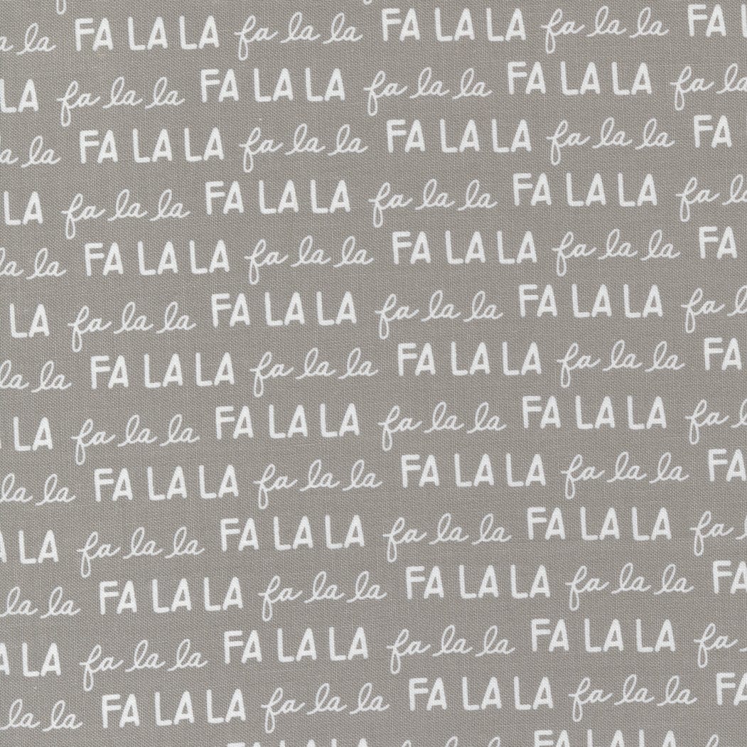 Cotton quilting fabric pattern called 'Merry Text in Dove'. Part of the 'Christmas Eve' fabric collection. Designed by Lella Boutique for fabric company Moda Fabrics. SKU: 5184 13. 44-45 inch width.