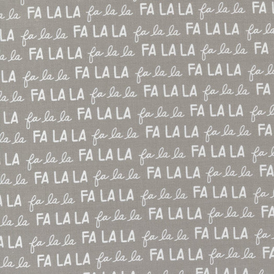 Cotton quilting fabric pattern called 'Merry Text in Dove'. Part of the 'Christmas Eve' fabric collection. Designed by Lella Boutique for fabric company Moda Fabrics. SKU: 5184 13. 44-45 inch width.