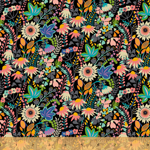 Paradiso - Flower Bed in Black - Sally Kelly - 51932D-2 - Half Yard