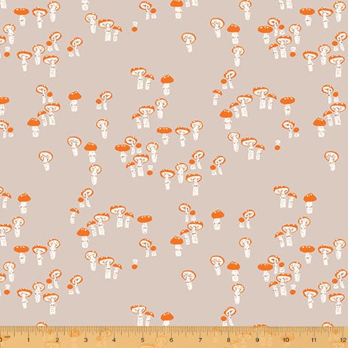 Cotton quilting fabric pattern called 'Mushrooms in Grey'. Part of the 'Far Far Away III' fabric collection. Designed by Heather Ross for fabric company Windham Fabrics. SKU: 52756-3. 44-45 inch width.